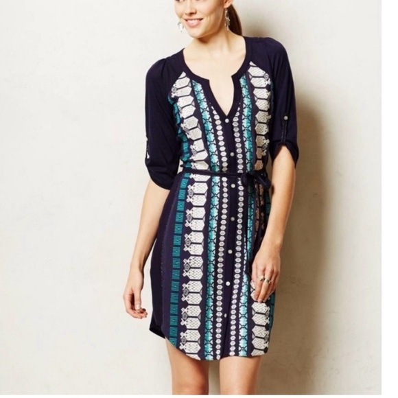 Anthropologie Tiny Nadia Shift Dress Embroidered Split Neck Blue Green Sz S NEW - Picture 2 of 15